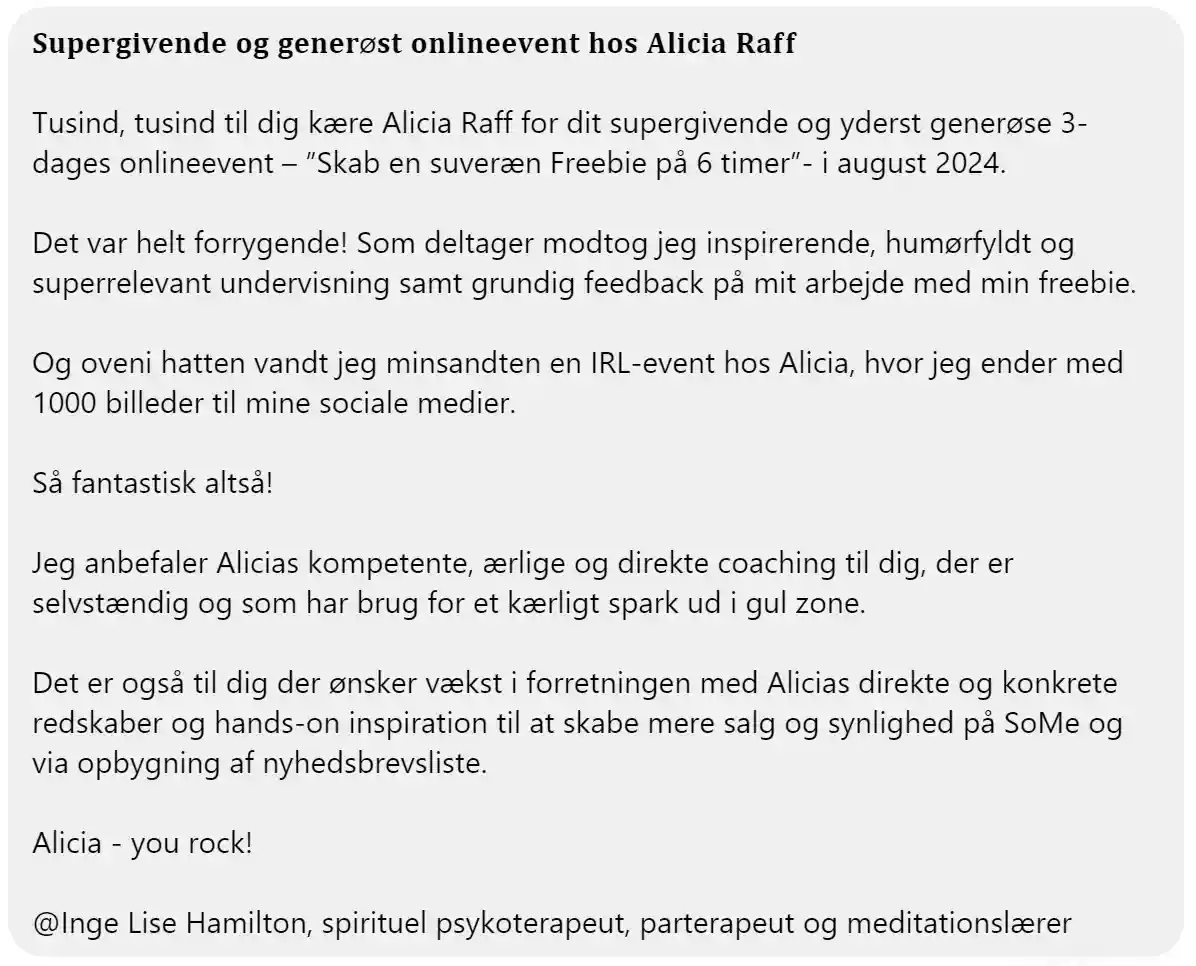 Anbefaling fra Inge Lise Hamilton på event af Alicia Raff